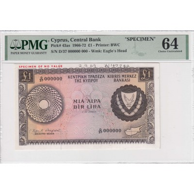 CYPRUS 1 POUNDS 1969 BANKNOTE RARE SPECIMEN P43as UNC PMG 64