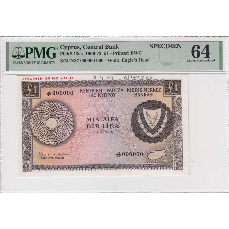 CYPRUS 1 POUNDS 1969 BANKNOTE RARE SPECIMEN P43as UNC PMG 64 WORLD BANKNOTES