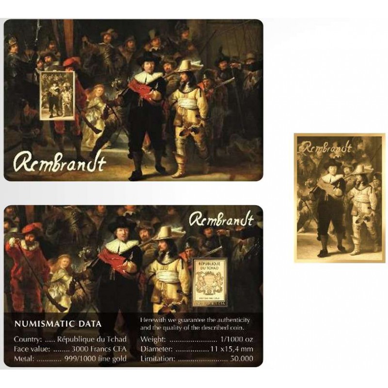 Nightwatch By Rembrandt 1/1000 Oz 999 Gold Coin Bar GOLD AND SILVER BULLION