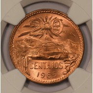 MEXICO 20 CENTAVOS COIN 1965 NGC MS66 RD