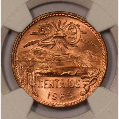 MEXICO 20 CENTAVOS COIN 1965 NGC MS66 RD