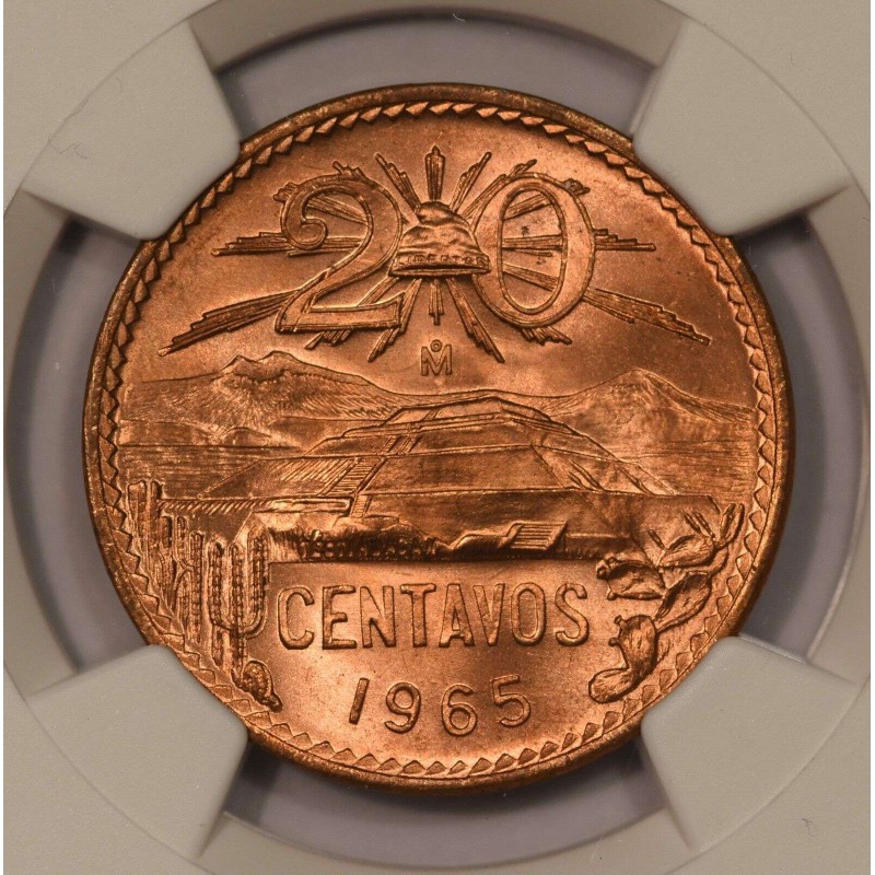 MEXICO 20 CENTAVOS COIN 1965 NGC MS66 RD WORLD COINS