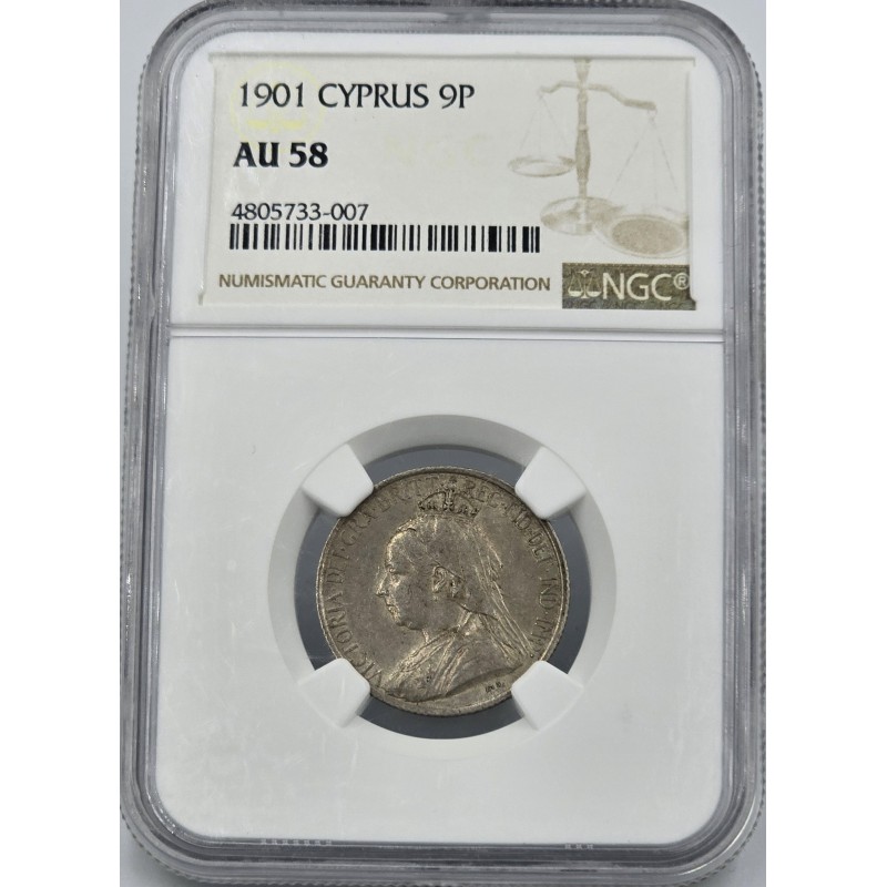 CYPRUS 9 PIASTRE SILVER COIN QUEEN VICTORIA 1901 NGC AU58 WORLD COINS