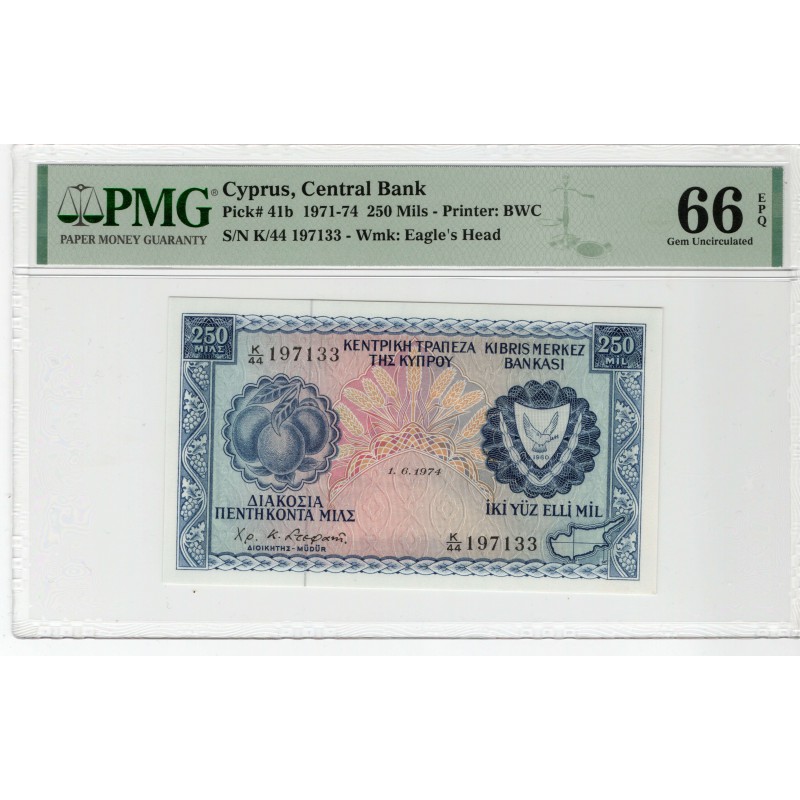 Cyprus 1974 250 Mils Banknote PMG 66 EPQ Pick 41b WORLD BANKNOTES