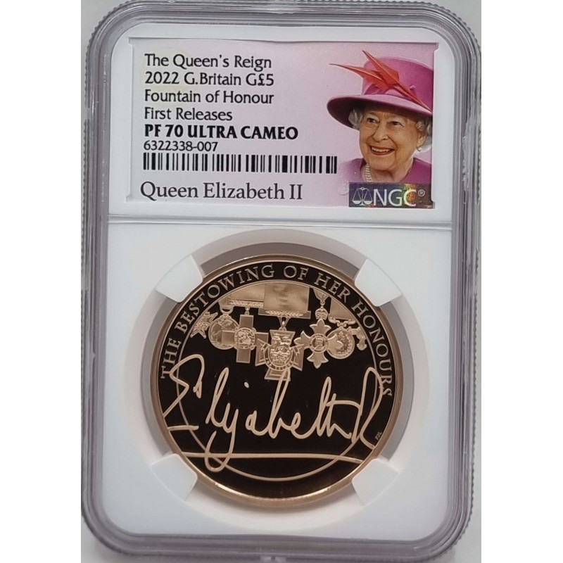 UK Great Britain 2022 Gold Proof Five Pounds THE QUEEN'S REIGN NGC PF70 ULTRA CAMEO WORLD COINS