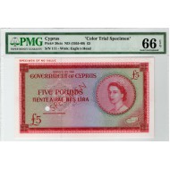 CYPRUS 5 POUNDS 1955 -1960 QEII COLOR TRIAL SPECIMEN PMG 66
