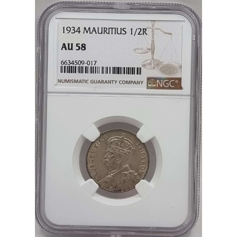 Mauritius 1/2 Rupee Silver coin 1934 NGC AU58 WORLD COINS