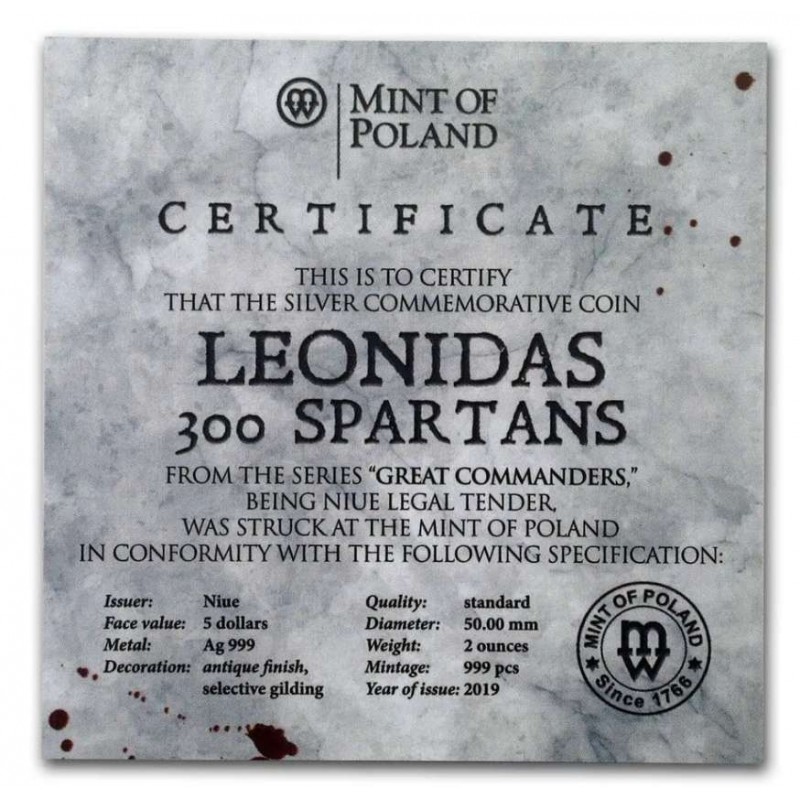 LEONIDAS SPARTA 2019 NIUE 2 oz Silver Coin GOLD AND SILVER BULLION