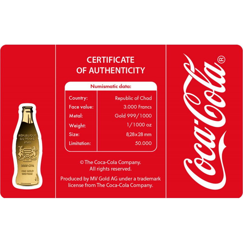 COCA COLA Bottle Shape 1/1000 Oz Gold Coin 3000 Francs Chad 2023 GOLD AND SILVER BULLION