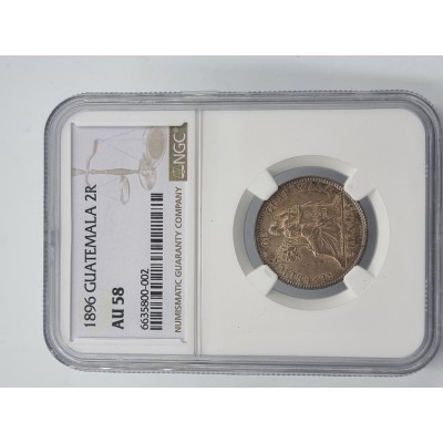 GUATEMALA 1896 SILVER 2 REALES COIN NGC AU58