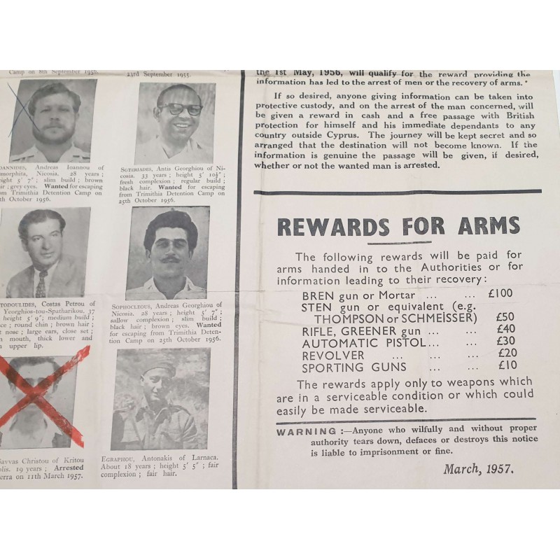 CYPRUS EOKA 1957 OUTDOOR WALL POSTER OF WANTED EOKA FIGHTERS ANTIQUES & OTHER COLLECTIBLES