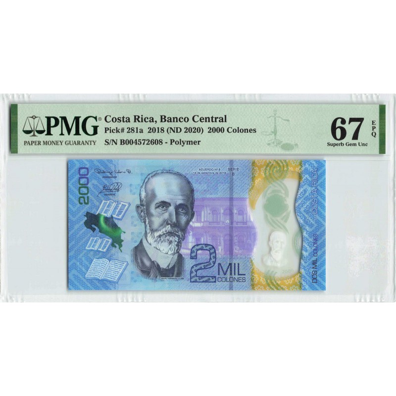 Costa Rica 2018 (ND 2020) P-281a PMG67 EPQ 2000 Colones SHARK WORLD BANKNOTES