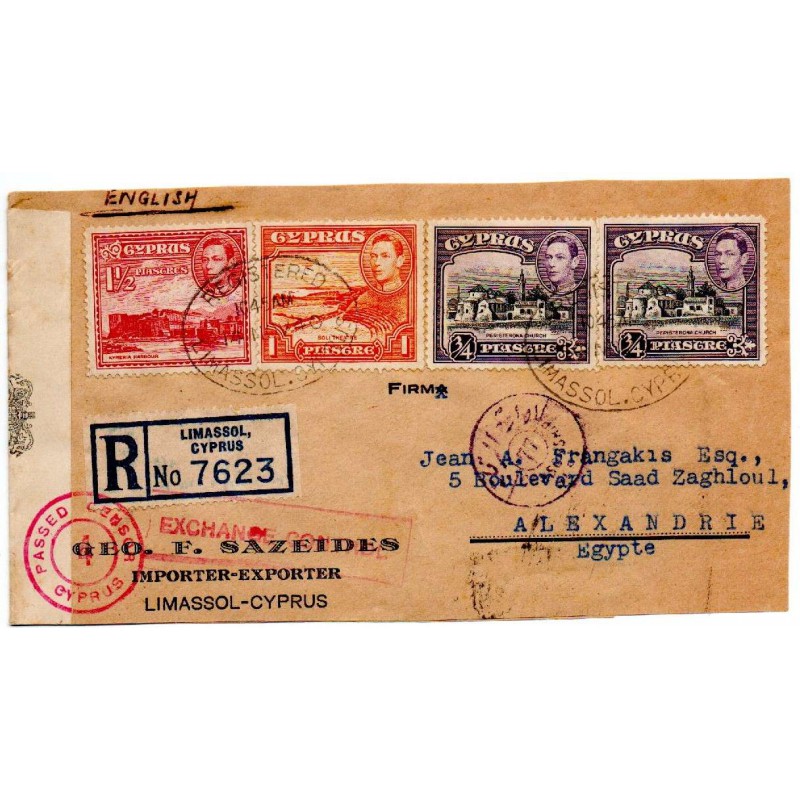 CYPRUS POSTAL HISTORY - KGVI 1940 CENSORED PASSED OPEN BY CENSOR 4 & ALEXANDRIA CENSOR 77 COVER CYPRUS TO EGYPT CYPRUS STAMPS