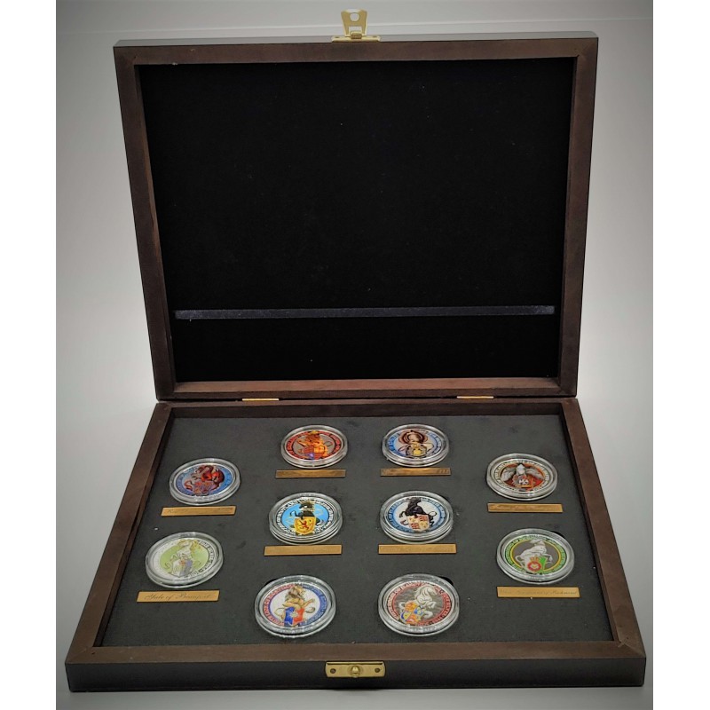 COMPLETE SET OF QUEEN’S BEASTS COLORED – COLORIZED 2016-2021 2 OZ SILVER BULLION 10-COIN SET – GEM BU IN DISPLAY CASE – ROYAL MINT GOLD AND SILVER BULLION
