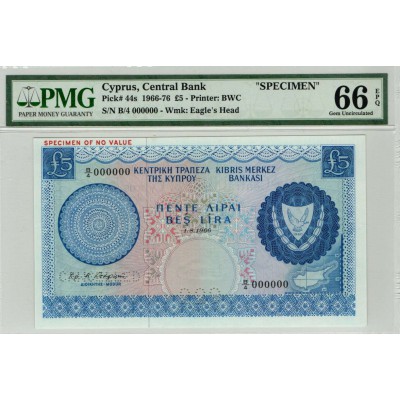 CYPRUS 5 POUNDS 1966 BANKNOTE PMG 66 RARE SPECIMEN P44s