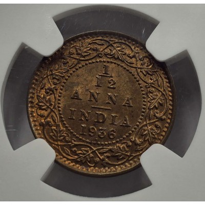 BRITISH INDIA 1/12 ANNA COIN 1936 B KGV NGC MS64RB