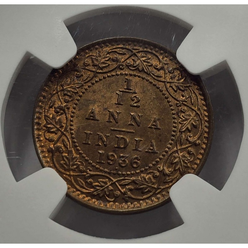BRITISH INDIA 1/12 ANNA COIN 1936 B KGV NGC MS64RB WORLD COINS