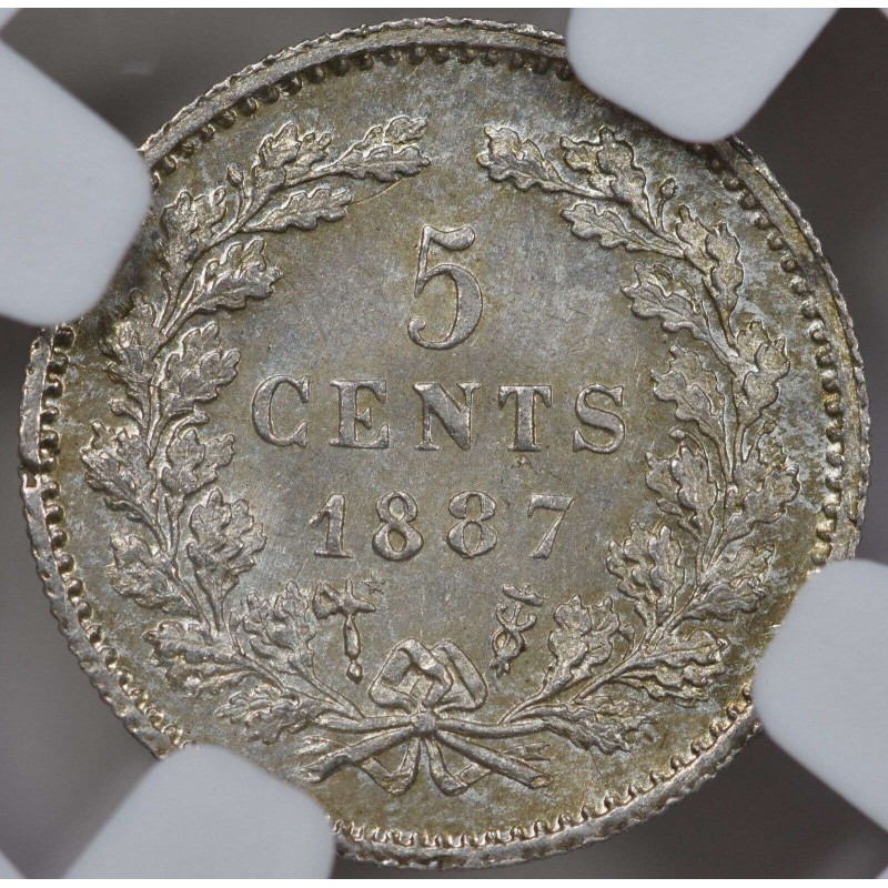 NETHERLANDS SILVER 5 CENTS COIN 1887 WILLIAM III NGC MS66 WORLD COINS