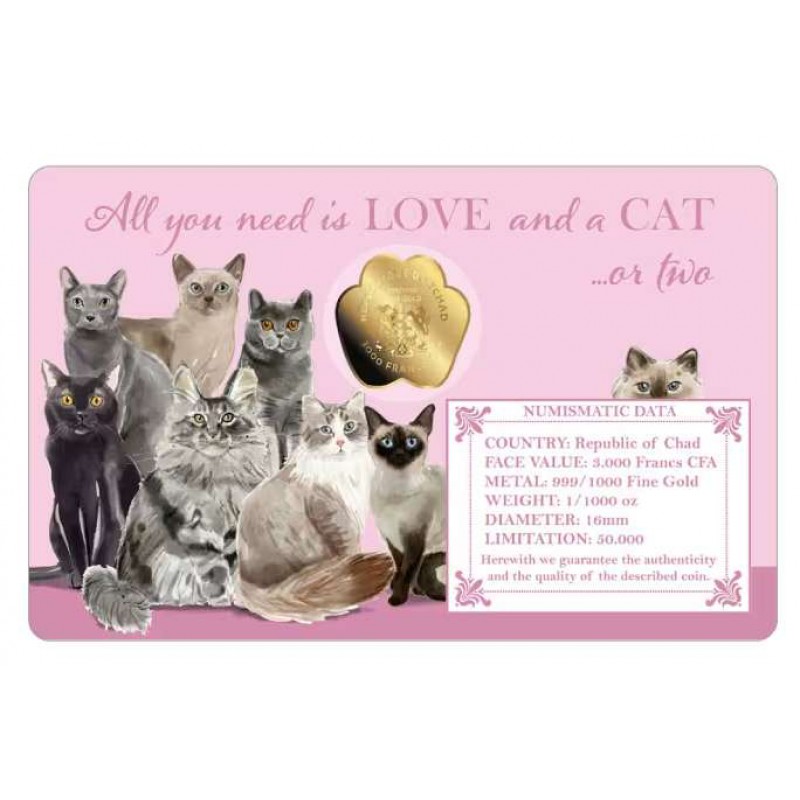 LOVE CATS 1/1000 Oz Gold .999 Coin 3000 Francs Chad 2023 GOLD AND SILVER BULLION