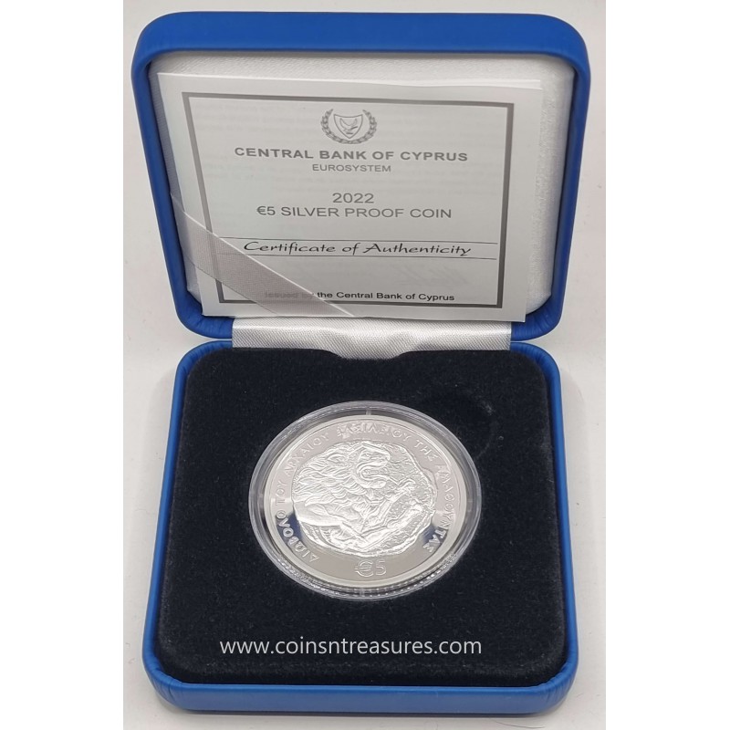 CYPRUS 2022 SILVER PROOF 5 EURO COIN ANCIENT LION OF AMATHUS WORLD COINS