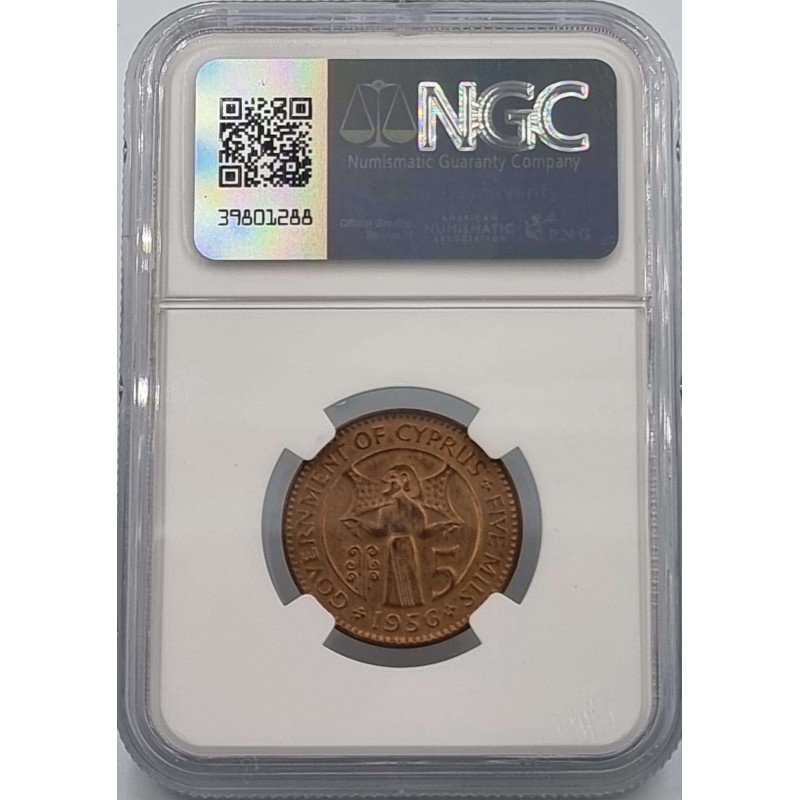 CYPRUS 5 MILS COIN 1956 NGC MS65 RB WORLD COINS