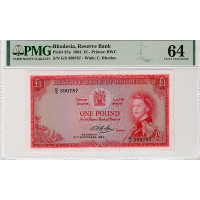 RHODESIA 1 POUND BANKNOTE 1964 QEII p25a UNC PMG 64