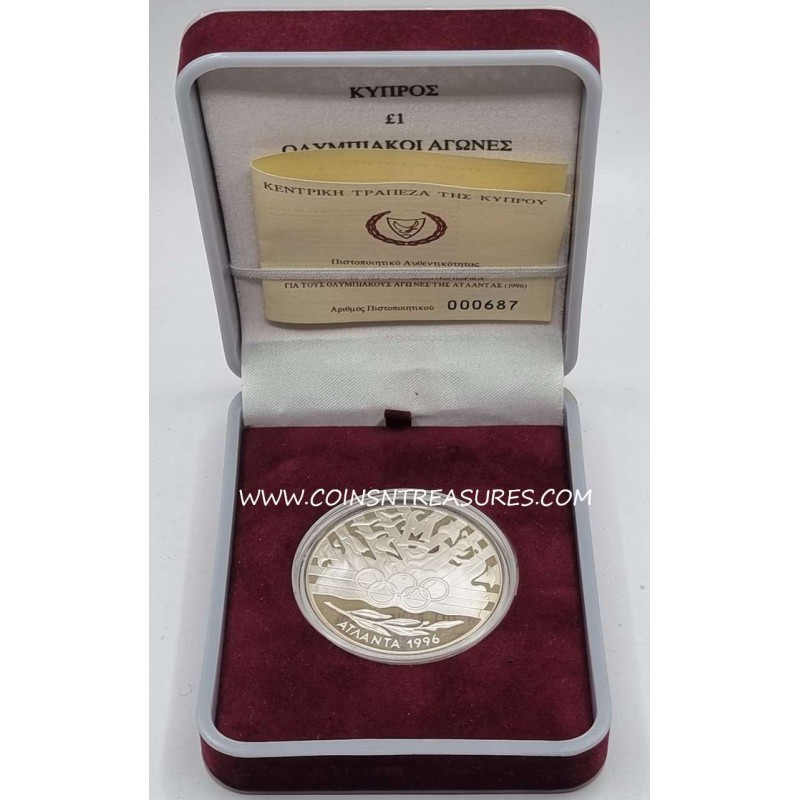 CYPRUS 1996 SILVER PROOF POUND COIN OLYMPIC GAMES ATLANTA WORLD COINS