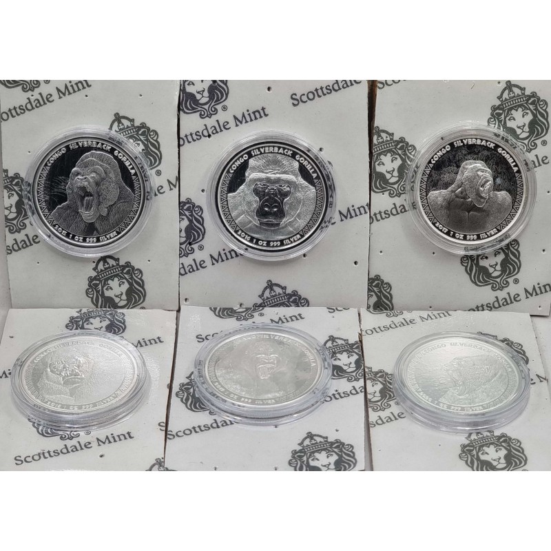 CONGO GORILLA SET OF 6 SILVER 1 OZ COINS 2015 - 2020 Scottsdale Mint GOLD AND SILVER BULLION