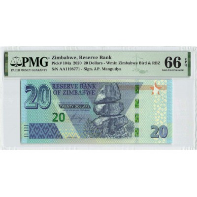 Zimbabwe 2020 Elephant P-104a PMG Gem UNC 66 EPQ 20 Dollars banknote