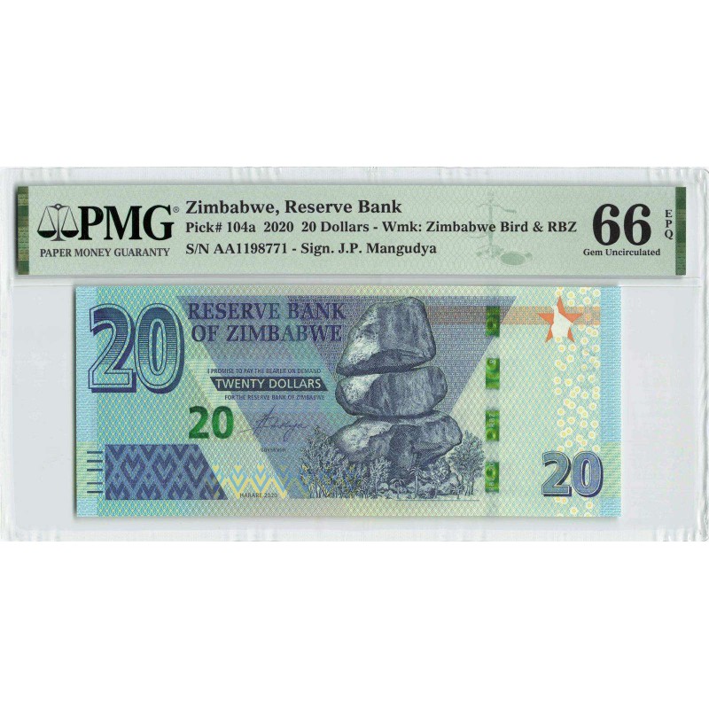 Zimbabwe 2020 Elephant P-104a PMG Gem UNC 66 EPQ 20 Dollars banknote WORLD BANKNOTES