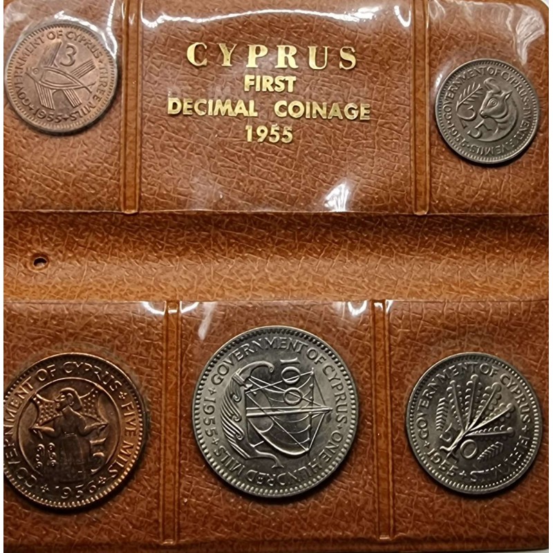 CYPRUS 1955 UNC SET OF LAST COINS OF BRITISH ADMINISTRATION QEII IN ORIGINAL WALLET WORLD COINS