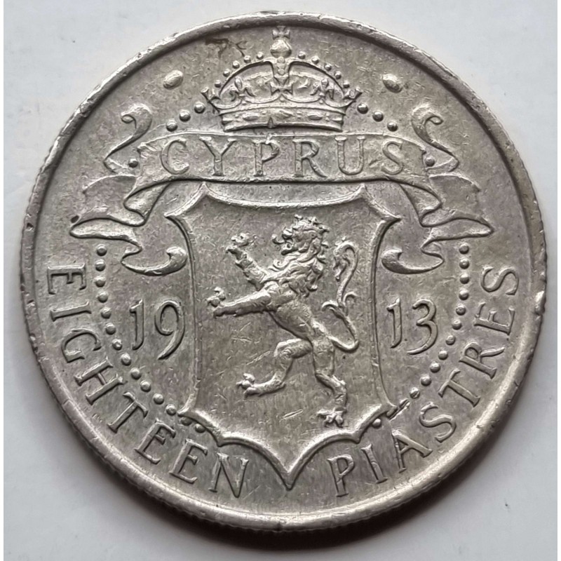 CYPRUS 18 PIASTRE COIN SILVER 1913 ALMOST UNC RARE WORLD COINS