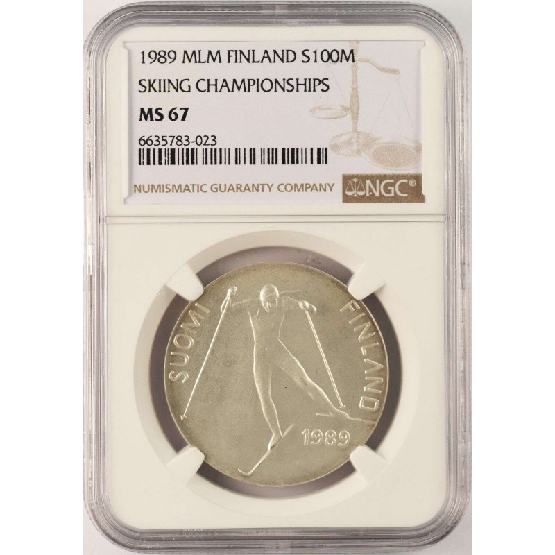 FINLAND SILVER 100 MARKKAA 1989 SKI LAHTI NGC MS67 WORLD COINS