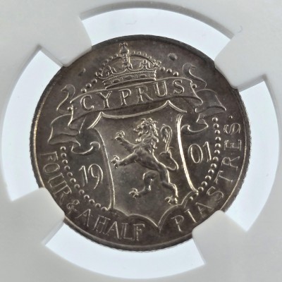 CYPRUS 4.5 SILVER PIASTRE COIN 1901 QUEEN VICTORIA NGC AU58