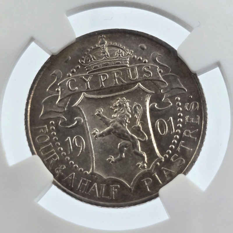 CYPRUS 4.5 SILVER PIASTRE COIN 1901 QUEEN VICTORIA NGC AU58 WORLD COINS