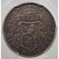 CYPRUS SILVER 9 PIASTRES 1907 KING EDWARD COIN PCGS XF 45