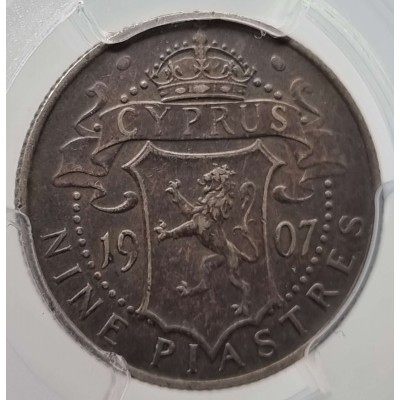CYPRUS SILVER 9 PIASTRES 1907 KING EDWARD COIN PCGS XF 45