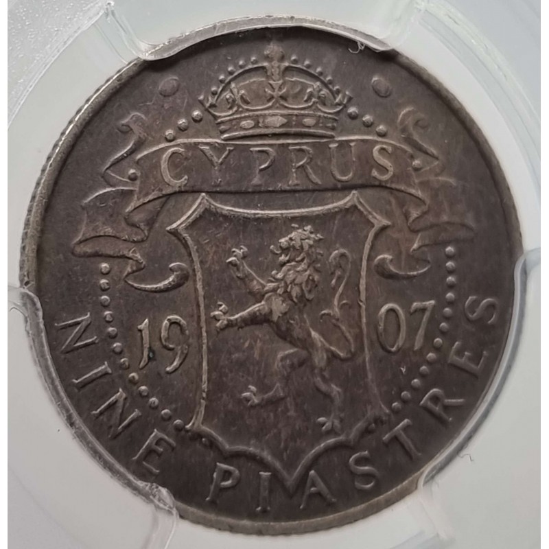 CYPRUS SILVER 9 PIASTRES 1907 KING EDWARD COIN PCGS XF 45 WORLD COINS