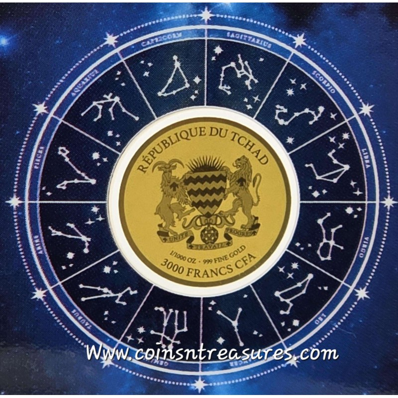 ZODIAC SIGNS PISCES 1/1000 Oz Gold Coin 3000 Francs Chad GOLD AND SILVER BULLION