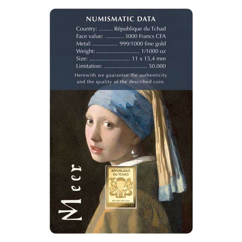 Vermeer Girl with a Pearl Earring 1/1000 Oz Gold Coin 3000 Francs Chad 2024 GOLD AND SILVER BULLION