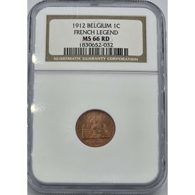 Belgium Albert I Centime 1912 Coin NGC MS66 RD RED UNC