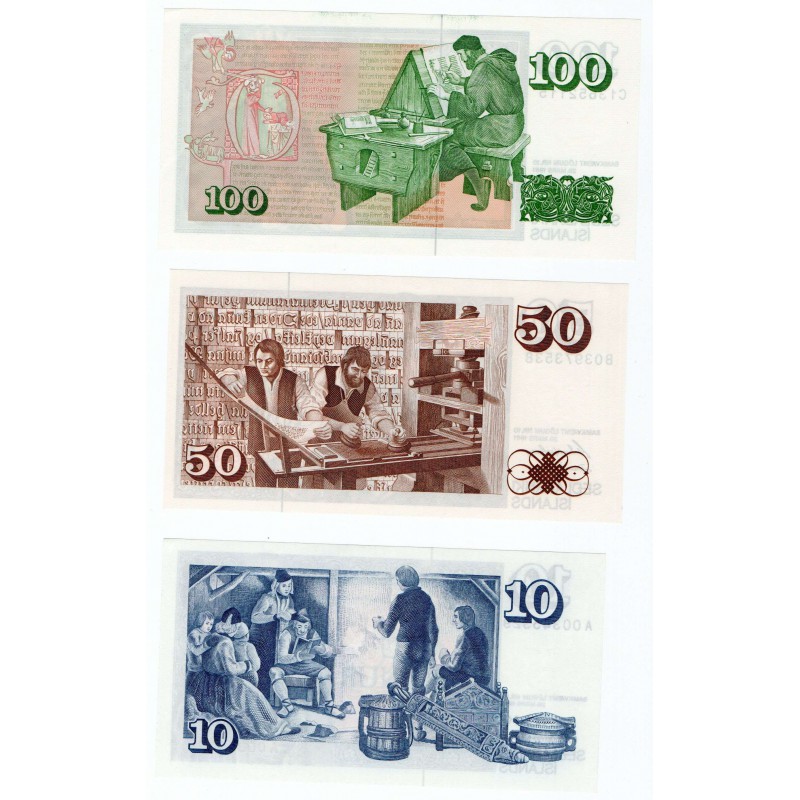 ISLAND 10 , 50 , 100 KRONUR SET 1981 P48 49 50 BANKNOTES UNC WORLD BANKNOTES
