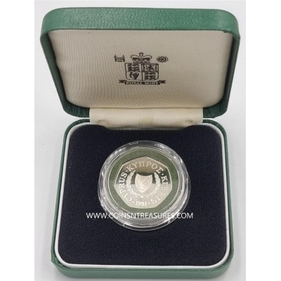 CYPRUS 1991 SILVER PROOF 50 CENTS COIN IN OFFICIAL BOX + COA
