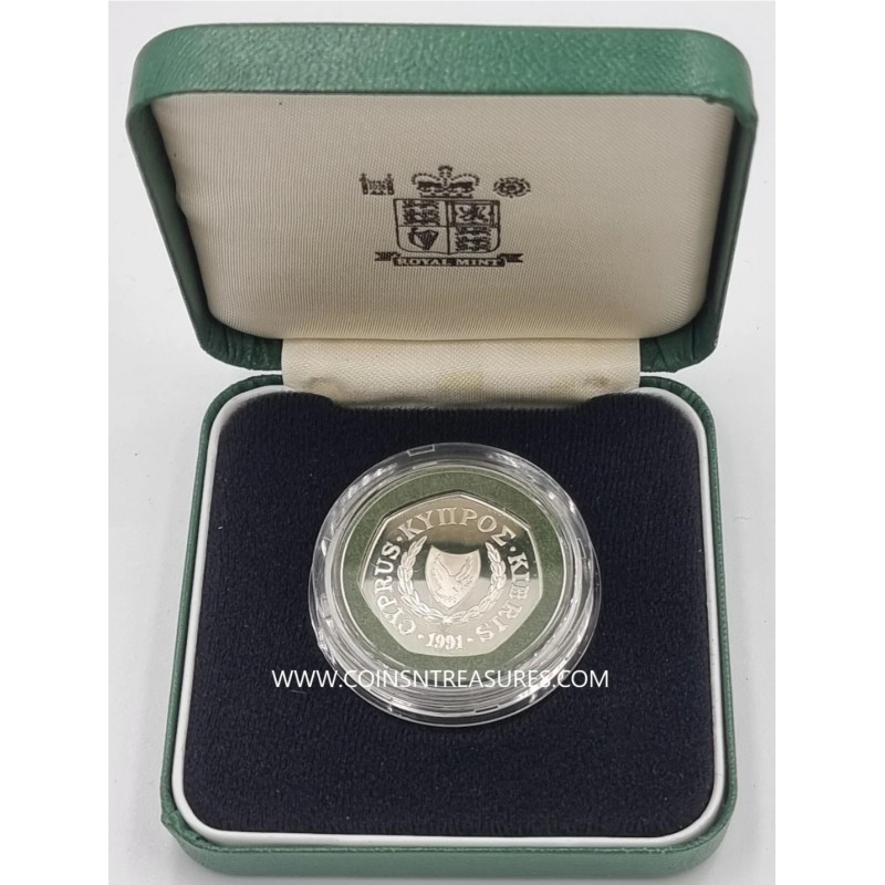 CYPRUS 1991 SILVER PROOF 50 CENTS COIN IN OFFICIAL BOX + COA WORLD COINS