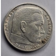 GERMANY WWII THIRD REICH 1937 SILVER  2 REICHSMARK HINDENBURG