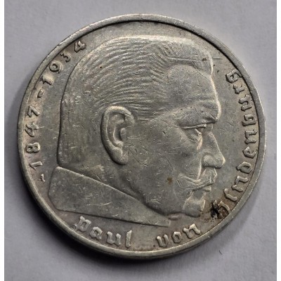 GERMANY WWII THIRD REICH 1937 SILVER  2 REICHSMARK HINDENBURG