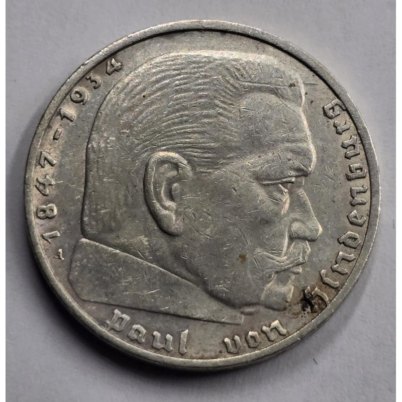 GERMANY WWII THIRD REICH 1937 SILVER  2 REICHSMARK HINDENBURG WORLD COINS