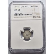 OTTOMAN TURKEY KURUS COIN 1327 2 Mehmed V 1910 NGC MS63