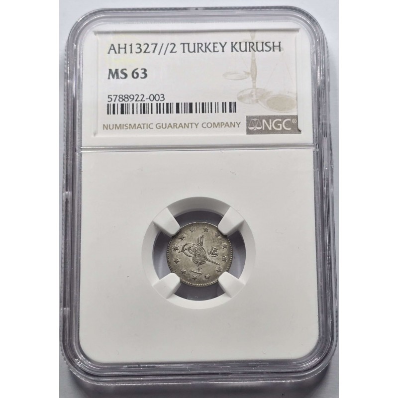 OTTOMAN TURKEY KURUS COIN 1327 2 Mehmed V 1910 NGC MS63 WORLD COINS