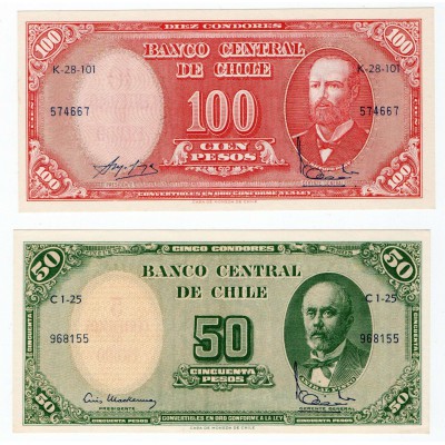 CHILE 100 AND 50 PESOS BANKNOTES 1961 UNC p126-127